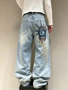 Rends Men's Vintage Streetwear Fashion Style Multi-Purpose Distressed Rivet Design Statue Of Liberty Letter Print Loose Fit Jumpsuit Casual Wear - Light Wash - View 1