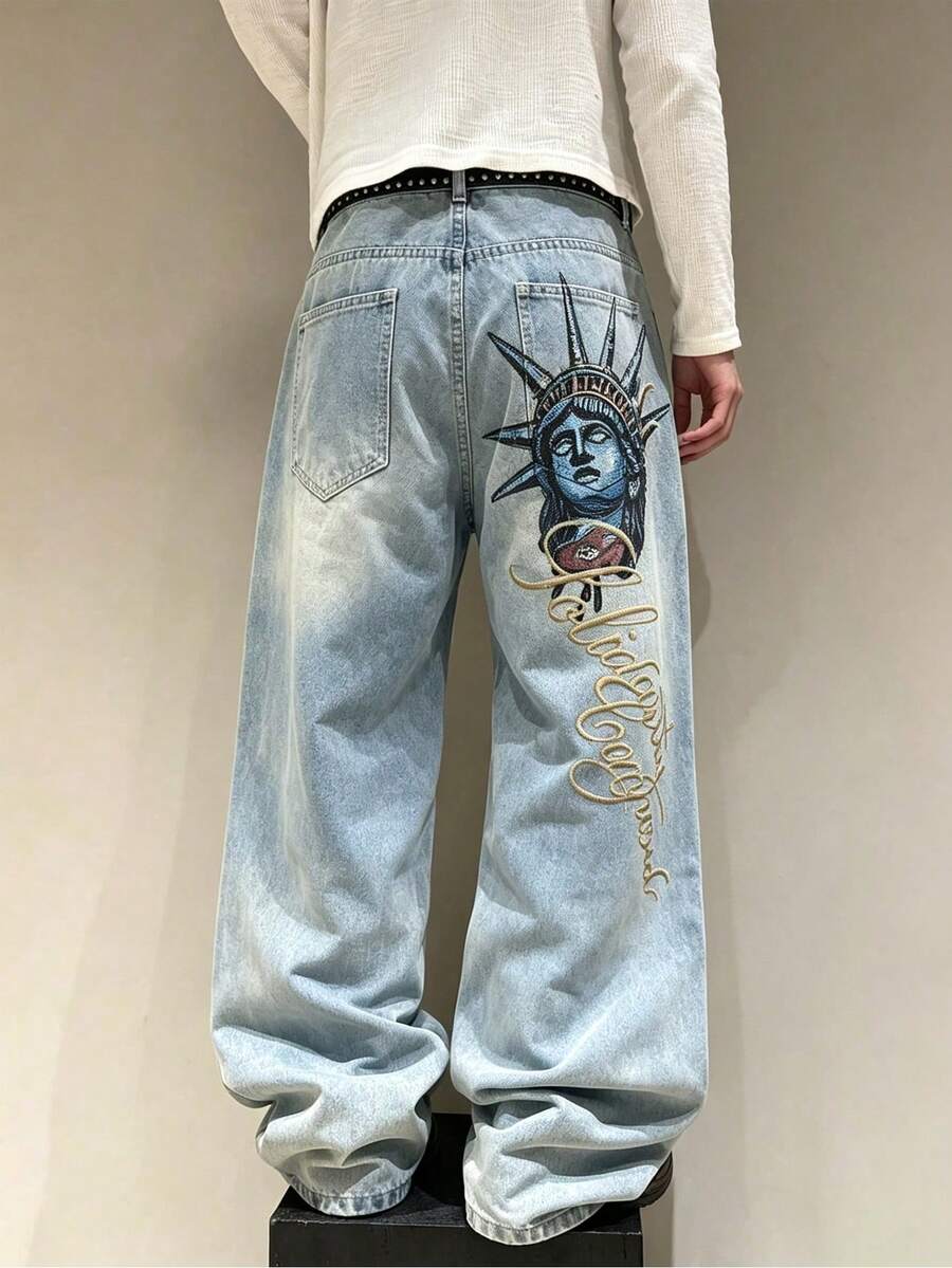 Rends Men's Vintage Streetwear Fashion Style Multi-Purpose Distressed Rivet Design Statue Of Liberty Letter Print Loose Fit Jumpsuit Casual Wear - Light Wash - View 1