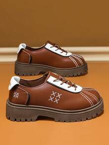 Vintage Colorblock Shell Toe Thick Sole Chunky Heel Platform Lace-Up PU Casual Loafers Height-Increasing Shoes - Khaki - View 2
