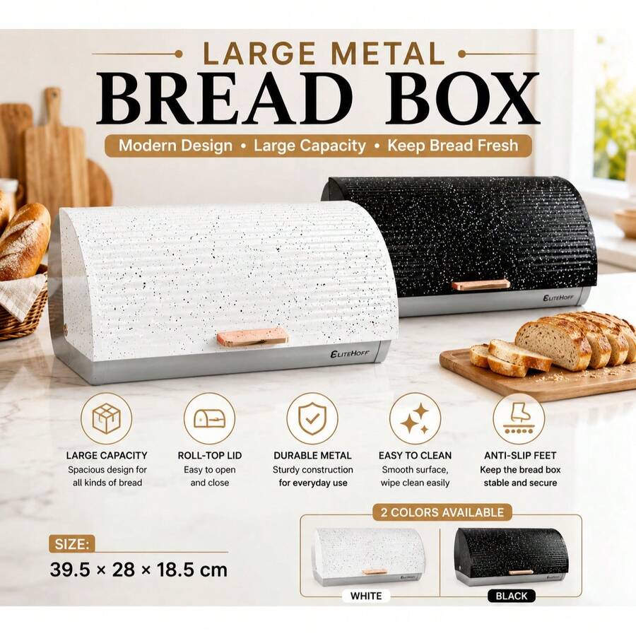 Large Metal Bread Box For Kitchen – Bread Storage Container With Roll-Top Lid, 39.5 * 28 * 18.5 Cm, Black / White - Black - View 1
