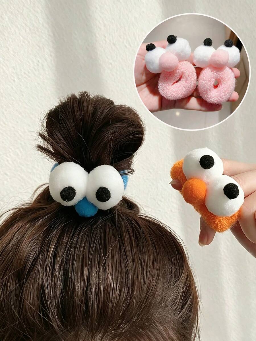 Nuevo coletero de pelo de peluche con ojos grandes divertidos para otoño/invierno, color caramelo, alta elasticidad, accesorio para el cabello de mujer con diseño de dibujos animados lindo, accesorio para peinado diario y temporada de vuelta al colegio - Multicolor - Ver 1
