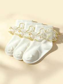 3 Pairs Girls White & Gold Lace Socks, Elegant Sweet Princess Style, Children's Dance Socks, Daily Matching With Dresses - White - View 10