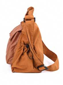 Men's Nylon Colorblock Plaid Student Commuter Bag, Cargo Style Style Tote Bag With Drawstring, Multiple Pockets, Casual Large Capacity Shoulder Crossbody Bag - Multicolor - View 4