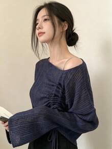 YCYC Women's Tops Korean Style Gentle Design Drawstring Soft Knit Sweater - Navy Blue - View 5