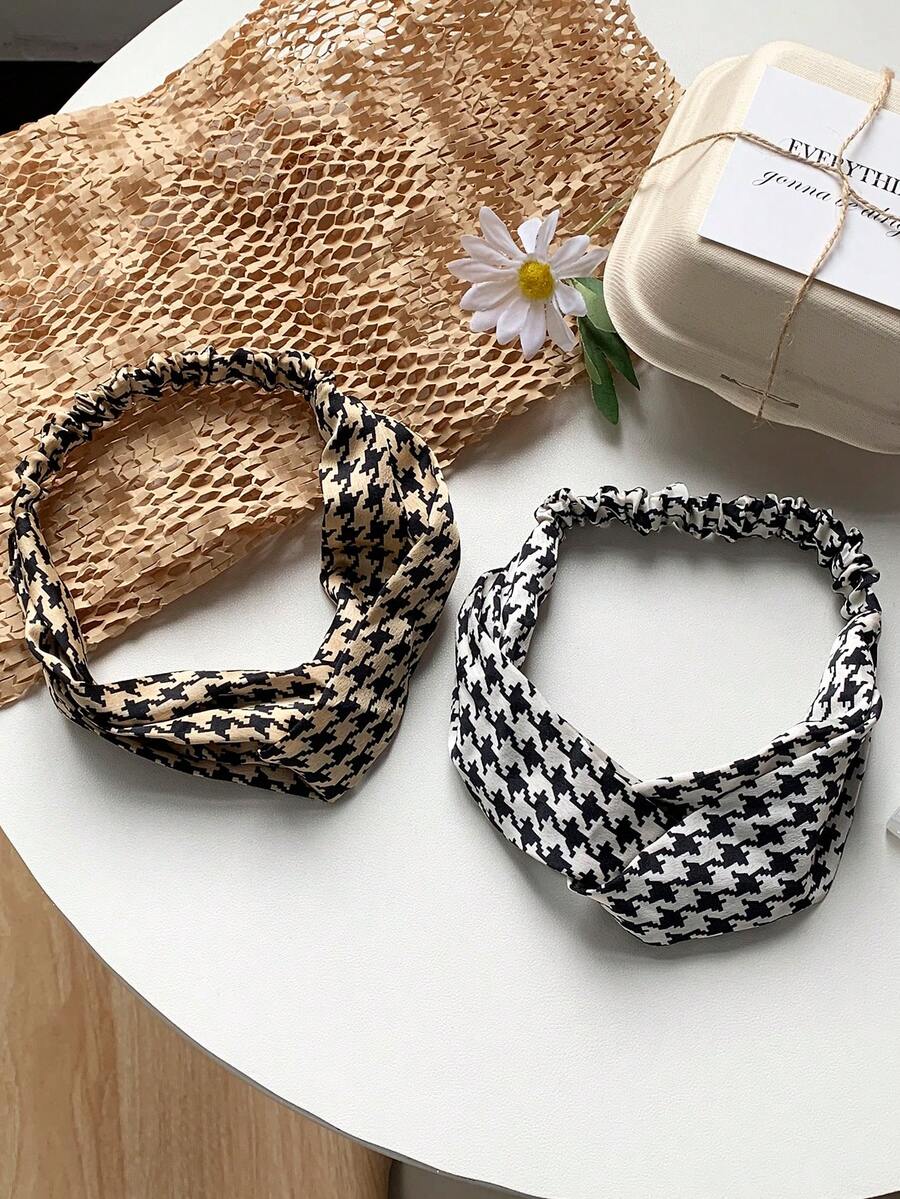 2PCS French Vintage Houndstooth Criss-Cross Elastic Fabric Headband, Minimalist Retro Non-Slip Niche Versatile Hair Accessory