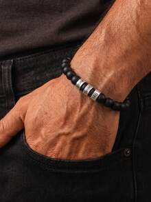 1PC Men's Personalized Name Engraved Beaded Bracelet, Natural Matte Black Stone Bracelet, Supports Customization Of 1-5 Names, Natural Stone Bracelet With 1-5 Names Engraved On Stainless Steel Spacers, Matte Black Natural Stone Beaded Bracelet, Minimalist Matte Men's Accessory, Carrying Family And Loved Ones' Names As Memorial, Minimalist High-End Men's Jewelry, Family Affection Memorial Style, Birthday Anniversary Gift, Exclusive Memorial Bracelet For Husband, Father, Boyfriend - Natural Stone Bracelet - View 4