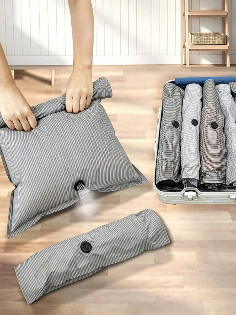 1pc Rectangular Compressed Storage Bag, Striped Fabric With One-Way Air Valve, Manual Roll-Press Space-Saving Design, Vacuum Storage Bag Without Air Pump, Suitable For Clothes, Ideal For Dorm, Business Trip And Travel Essentials, College Life Essentials, Holiday Essentials