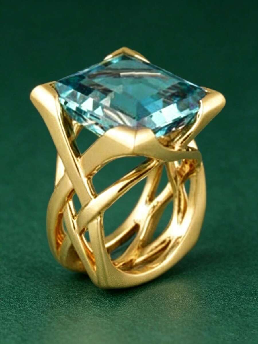 1pc Elegant Cubic Zirconia Ring For Women, Wedding Engagement Party Jewelry, Valentine's Day Gift - Gold + Light Blue - View 1