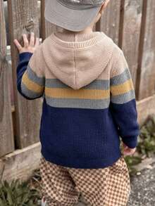 Boys Toddler College Style Colorblock Striped Hooded Knit Cardigan Sweater Jacket Long Sleeve Suitable For School Daily Wear Spring Autumn Winter - Apricot - View 3