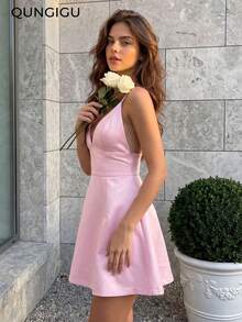 Women Elegant Silky Satin Dress Spaghetti Strap Fall Winter Apparel For Prom Birthday Party Dating Going Out - Pink - View 6