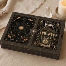 Kotak Penyimpanan Kartu Tarot Kayu Gelap Antik dengan Sentuhan Usang, Dicetak dengan Pola Tarot Dunia, Roda Zodiak, dan Buku Mantra Sihir Putih, Cocok untuk Kartu Ramalan Oracle - MultiWarna - View 1