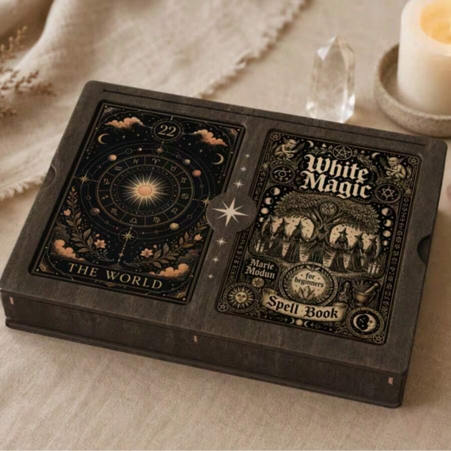Kotak Penyimpanan Kartu Tarot Kayu Gelap Antik dengan Sentuhan Usang, Dicetak dengan Pola Tarot Dunia, Roda Zodiak, dan Buku Mantra Sihir Putih, Cocok untuk Kartu Ramalan Oracle - MultiWarna - View 1