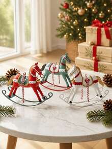 Vintage American Style Tin Rocking Horse Pendant, Red White Green Printed With Bell, Christmas Tree Holiday Decoration Hanging Ornament, Soft Home Decor - Multicolor - View 3