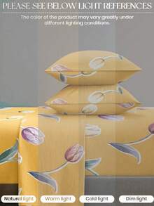 4-Piece Yellow Tulip Pattern Bedding Set, Easy-Care Soft Bedding Set, Fitted Sheet Set (1 Flat Sheet + 1 Fitted Sheet + 2 Pillowcases), Suitable For King, Queen, Full, Twin Sizes, Deep Pocket Fitted Sheet Design, Pillowcases Up To 11.8 Inches, Soft And Breathable, Wrinkle-Resistant - Yellow - View 6