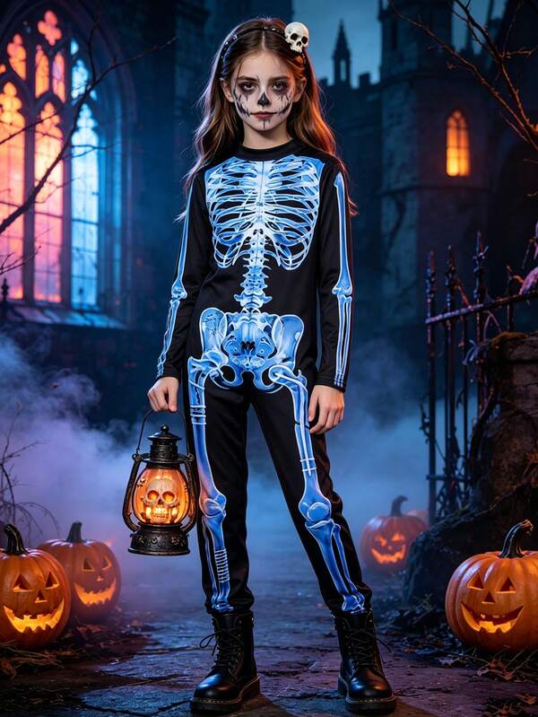 Tween Mädchen Horror Skelett Knochen Langarm Lange Hose Jumpsuit Kostüm für Halloween Cosplay Party Aufführung