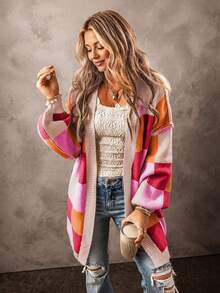 Acelitt Women's Colorful Plaid Contrast Color Cute Casual Loose Long Sleeve Cardigan Sweater, Autumn/Winter - Multicolor - View 1