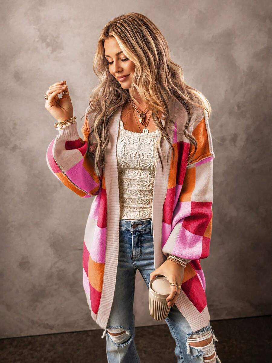 Acelitt Women's Colorful Plaid Contrast Color Cute Casual Loose Long Sleeve Cardigan Sweater, Autumn/Winter - Multicolor - View 1