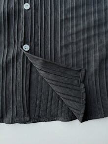 Conjunto Casual para Hombre, Camisa de Manga Corta de Cuello Mao con Textura Rayada + Shorts con Cordón, Traje Ligero Transpirable, Ropa Veraniega Cómoda para Salidas y Uso Diario - Negro - Ver 6