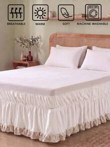 1pc Solid White With Grey-Brown Ruffle Hem Bed Skirt, Simple Daily Cute Classic Style, Comfortable Breathable Polyester Fiber, Suitable For All Seasons, Applicable For Bedroom Scenes, Home Decor Lace Bed Skirt - White - View 5