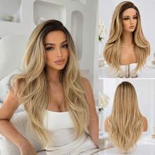 26 Inch Gradient Gold 4x6 Lace Closure Wig, Glueless Pre-Plucked Synthetic Hair, Women's Long Wavy Layered Heat-Resistant Wig, Natural Dark Roots - Multicolor - View 2