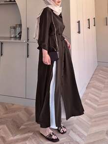 Women's Casual Minimalist Long Sleeve Collared Tie Waist High Slit Long Shirt Blouse, Solid Color Front Button Tie High Slit To Thigh, Suitable For Commute, Daily Wear And Dating - Brown - View 8