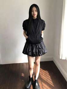 Korean Style Retro Polka Dot Stand Collar Zipper Short Sleeve Sun Protection Top Black Summer - Black - View 4