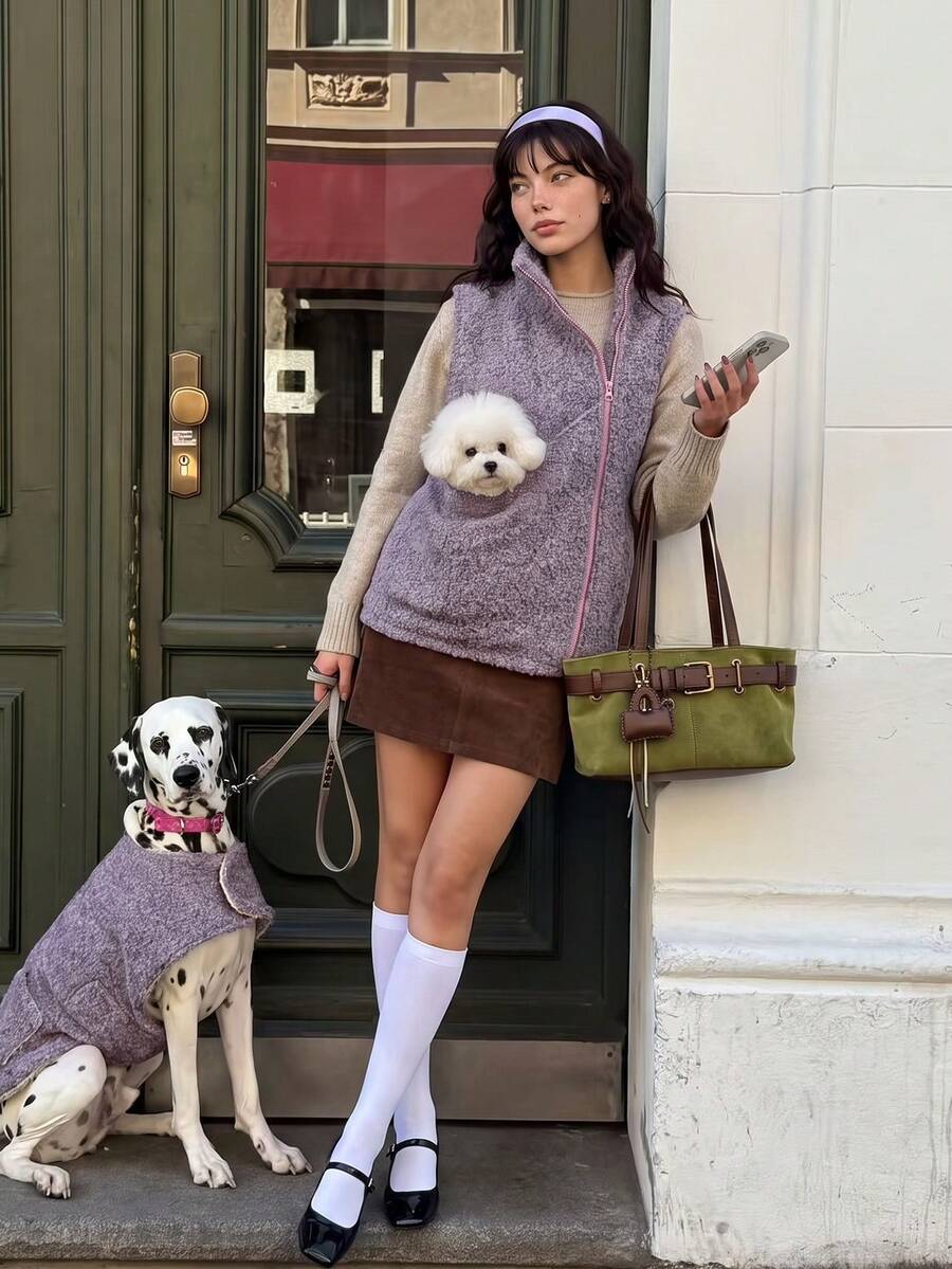 Women's Casual Wool Fleece High Neck Zip-Up Pocket Loose Jacket, Essential For Pet Owners, Autumn/Winter Outfit - Purple - View 1