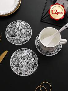 6-24pcs Coconut Tree Wave Hollow Coasters, Luxury Style PVC Round Heat-Insulating Non-Slip Coasters Suitable For Dining Table, Afternoon Tea, Home Party - Multicolor - View 16