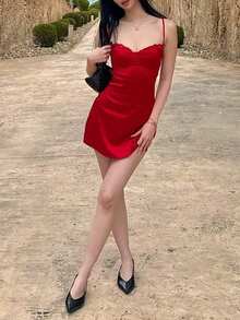 Top Dazzle Women's Elegant Red Short Spaghetti Strap Dress, Ruffle Collar Design, Smooth Satin Fabric, Suitable For Personalized Occasions - Red - View 3