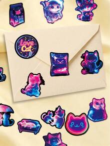 56Pcs PP Fluorescent Neon Cool Cute Cat Stickers, Cyberpunk Decor Elements Of Astronaut, Wizard And Party‑Themed Kittens, Suitable For Notebooks, Suitcases, Game Console Shells, Water Bottles, Storage Boxes, Desks - Multicolor - View 7