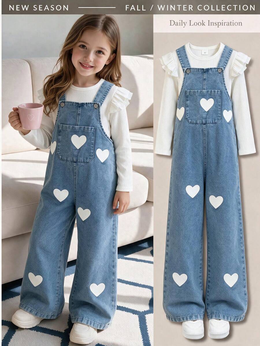 1pc Summer Girls Casual Fashion Heart Print Overalls + Ribbed Ruffle White Top 2pcs Set Suitable For Daily Outdoor Commute School Vacation Street - White - View 1