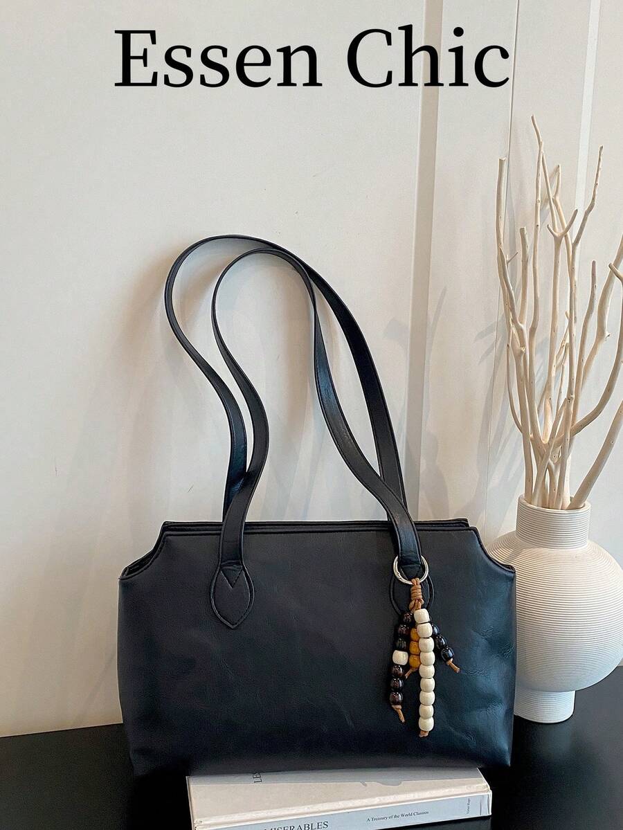 1pc Black Bag Charm Decor Large Capacity Solid Color PU Tote Bag Women's Shoulder Bag