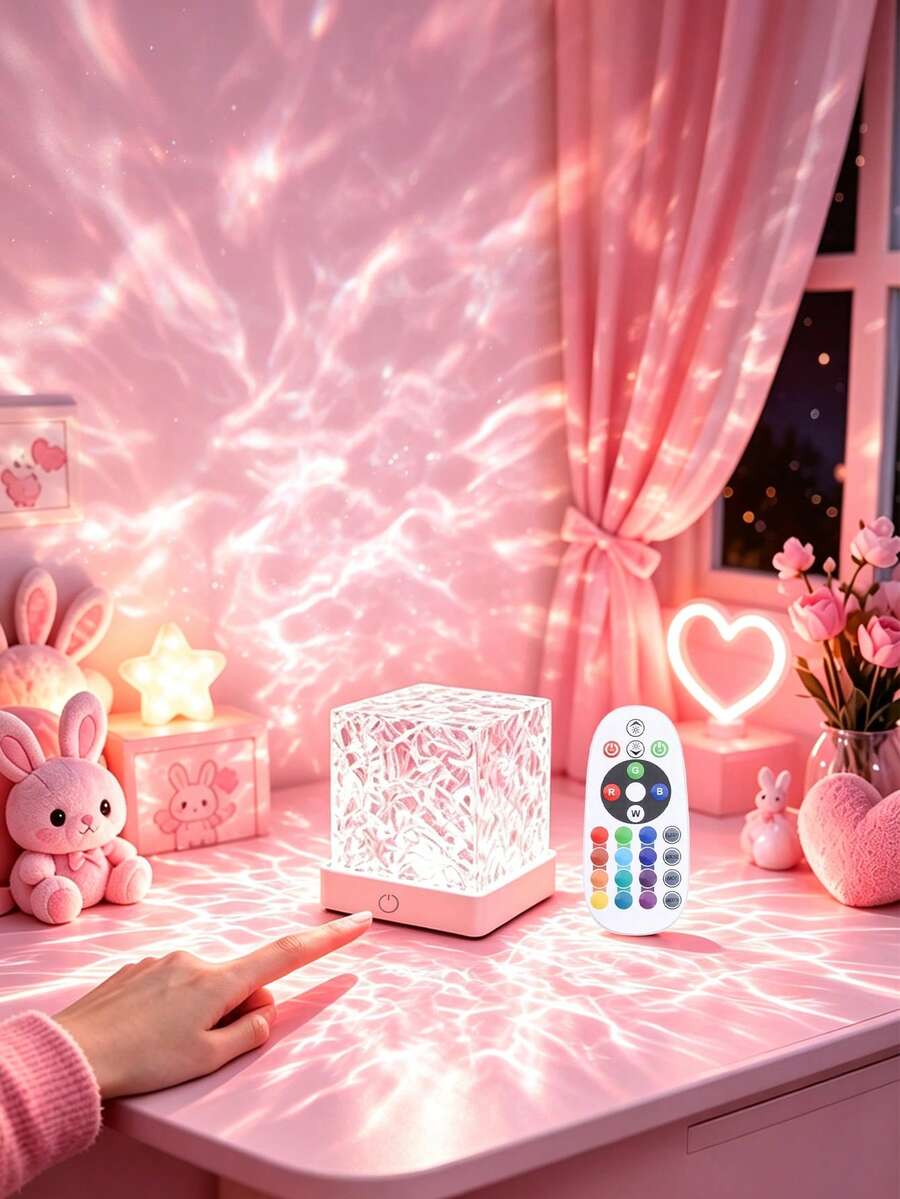 1 buah Lampu Proyeksi Gelombang Air 16 Warna, Kontrol Jarak Jauh & Kontrol Sentuh Ganda - USB Plug & Play (Baterai Tidak Termasuk), Efek Cahaya Dinamis RGB, Lampu Malam Kubus Kristal, Lampu Samping Tempat Tidur Kamar Tidur, Lampu Proyeksi Impian, Cocok Untuk Kamar Tidur, Ruang Bermain, Pesta