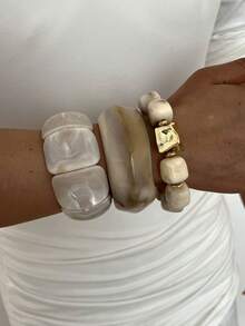 3pcs/Set Stackable Fashion Minimalist Elegant Exquisite Vintage Geometric White Resin Asymmetrical Marbled Pattern Beaded CCB Spliced Design Elastic Bracelet Chunky Wide Fat Bangle Set Holiday Vacation Party Date Gift Daily Commute Wear Personalized - Multicolor - View 3