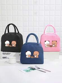 1 Pc, Creative Panda And Bear Pattern Printed Insulated Bento Bag, Large Capacity Handheld Lunch Box Bag, Suitable For Office Workers And Travel - one-size - View 3