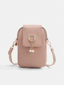 1pc Girls Cute Cat Pearl Pendant Phone Crossbody Bag, Multi-Color Vertical Small Bag, Lightweight Coin Purse Shoulder Bag - Plain Weave - View 15