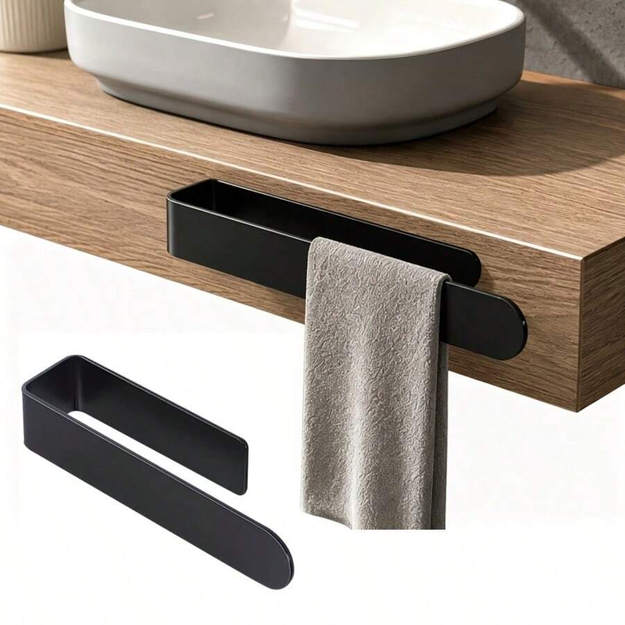 Nordic Minimalist U-Shaped Wall-Mounted Towel Rack, Drill-Free Bathroom Towel Bar, Kitchen Dishcloth & Hand Towel Storage Rack, Black Square Hanging Rack, Space-Saving Wall Shelf, Suitable For Bathroom Vanity And Kitchen - Black - View 1