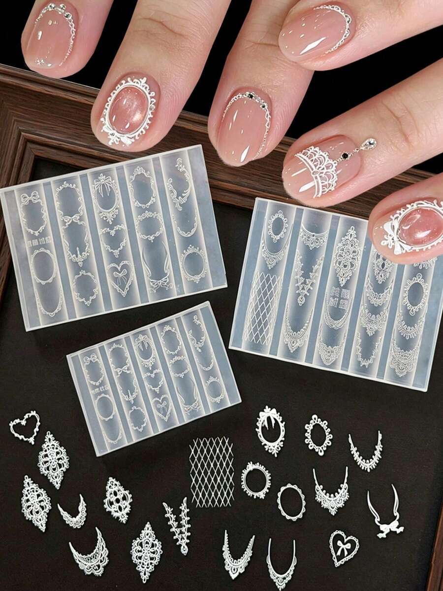 3D Vintage French Lace Silicone Nail Art Mold, Rococo Hand-Painted Frame Crochet Heart Bow Lace Design Nail Template, Reusable, Suitable For UV Gel, DIY Nail Salon Decoration Tool