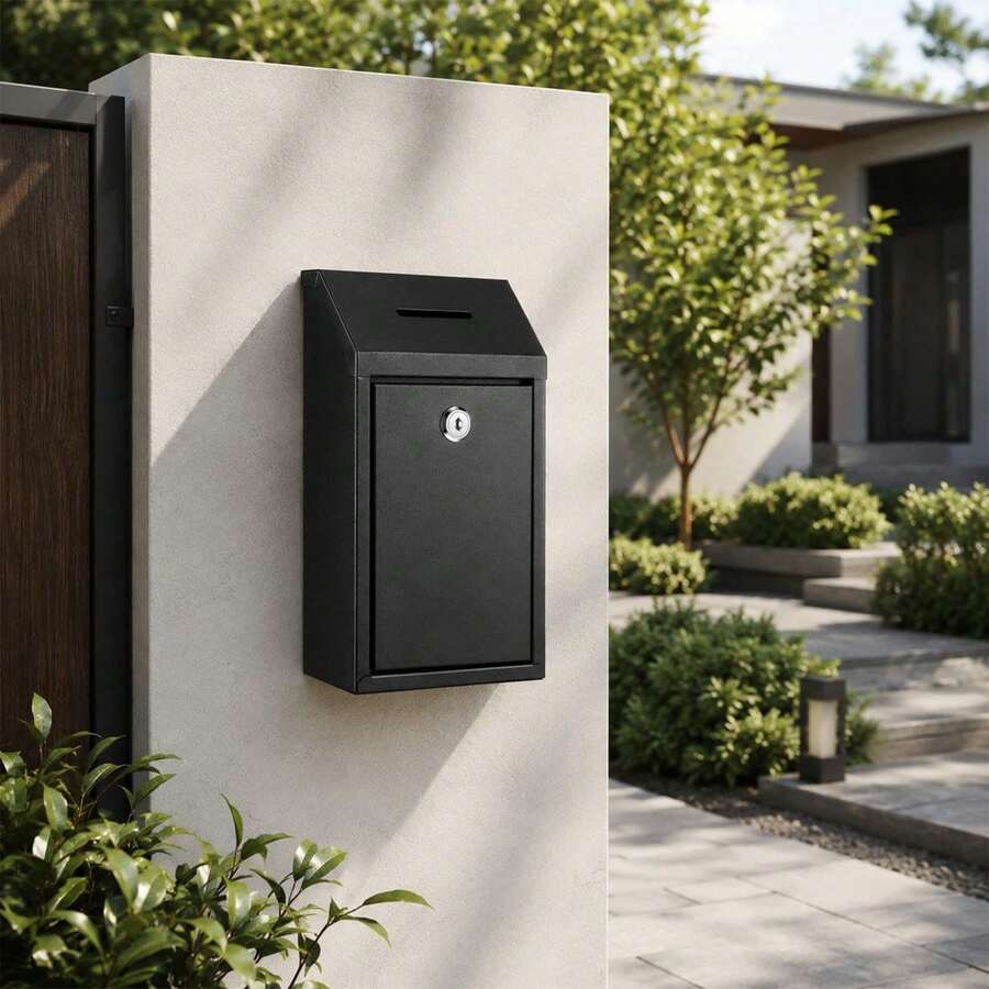 Shoze Lockable Wall‑Mounted Metal Drop Box With Hardware Keys, Practical Collection Box For Suggestion Papers And Donation Receipts - Black - View 1