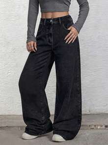 Jeans baggy negros de pierna ancha para mujer - EL051 Negro - Ver 3