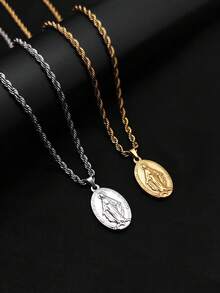 1pc Minimalist Personalized French Vintage Stainless Steel 18K Gold Plated Oval Portrait Virgin Mary & Jesus Pendant Twisted Chain Necklace - Multicolor - View 2