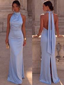 Light Blue Halter Neck Sleeveless Bridesmaid Maxi Dress, Elegant Backless Design, Woven Non-Stretch Fabric, Perfect Shaping Formal Gown Wedding Fall - Blue - View 1