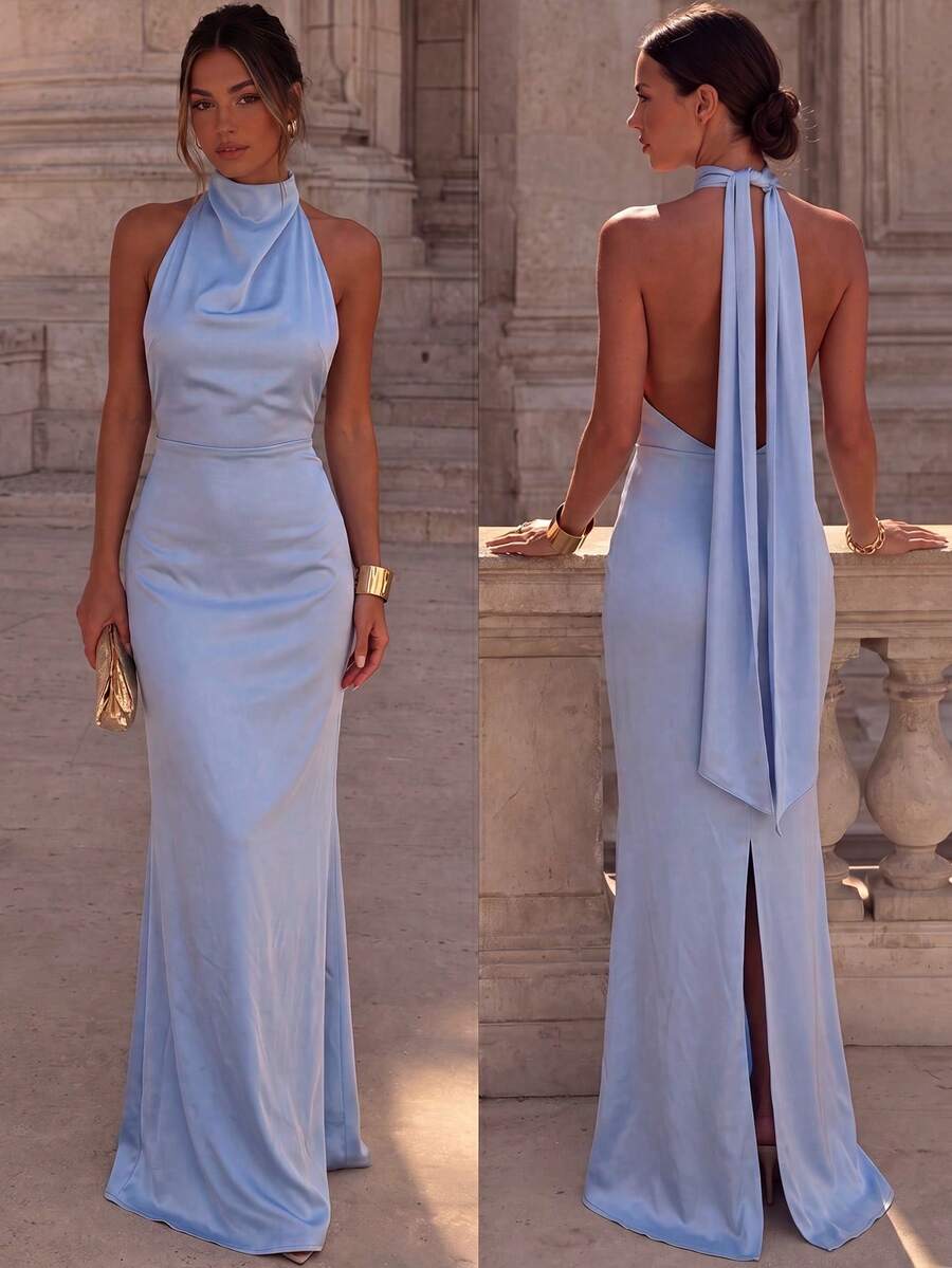 Light Blue Halter Neck Sleeveless Bridesmaid Maxi Dress, Elegant Backless Design, Woven Non-Stretch Fabric, Perfect Shaping Formal Gown Wedding Fall - Blue - View 1