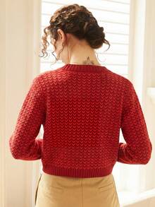 Knit Mix 優雅女款針織開襟衫 法式時尚休閒上衣 多功能法式風格 秋冬長袖圓領毛衣外套 - 紅色 - 查看 2
