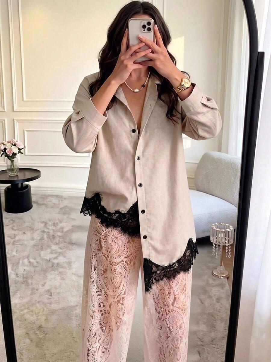 女款素色長袖單排扣休閒襯衫 - 彩色 - 查看 1