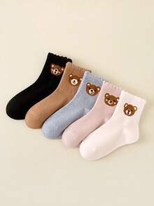 5 Pairs Girls Cartoon Bear Socks, Wavy Ruffle Cuff Mid-Calf Socks, Soft Knitted Neutral Multi-Color Socks, Casual Daily School Socks - Multicolor - View 2