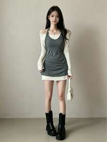 Korean Style Elegant Halter Neck Short Long Sleeve Dress For Women Spring - Grey - View 5