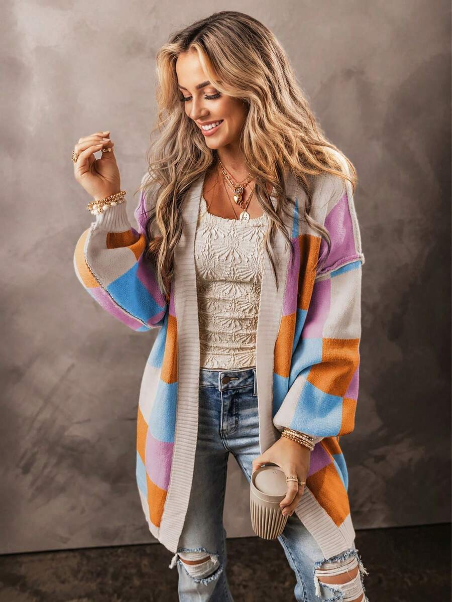Acelitt Women's Colorful Plaid Contrast Color Cute Casual Loose Long Sleeve Cardigan Sweater, Autumn/Winter Vacation Fall - Multicolor - View 1