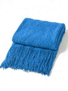 1pc Knitted Blanket, Sofa Throw, Bed Cover, Office Nap Knitted Shawl, Summer Lightweight Throw - Mondini Blue - View 4
