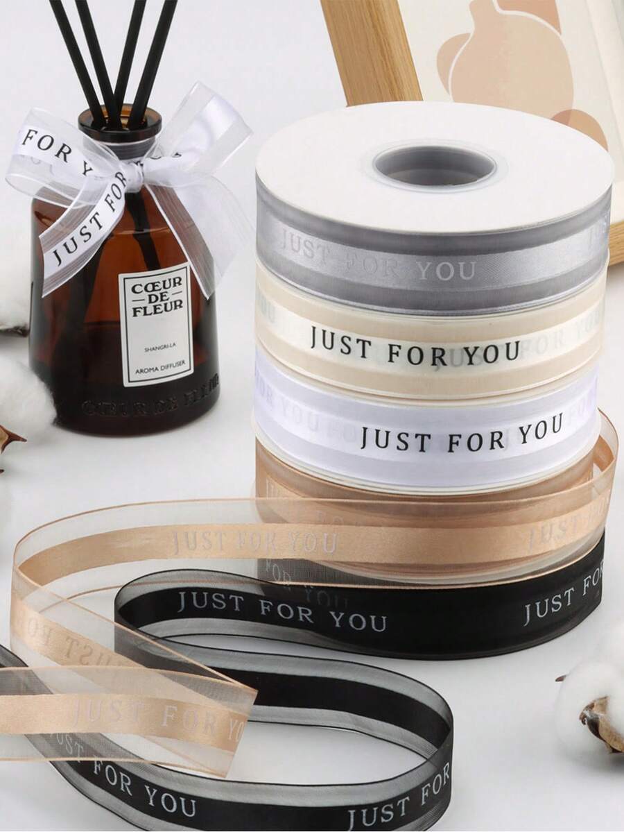 1 Rollo 40 Yardas Cinta de Hilo de Tacto Suave, Cinta de Malla Transparente Estilo Ins, Cinta de Hilo con Impresión Minimalista en Inglés, Cinta de Decoración para Empaquetado de Cajas de Regalo de Pastel Floral, Material para Hacer Lazos DIY